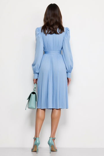 Blue V-Neck A Line Work Dress with Belt